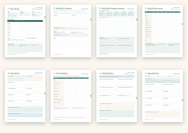 Eight inside pages: daily log, meal response, sleep, weekly review, 14-day review, AGP review and appointment prep