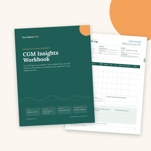 CGM Insights Workbook cover with a Daily CGM Log page