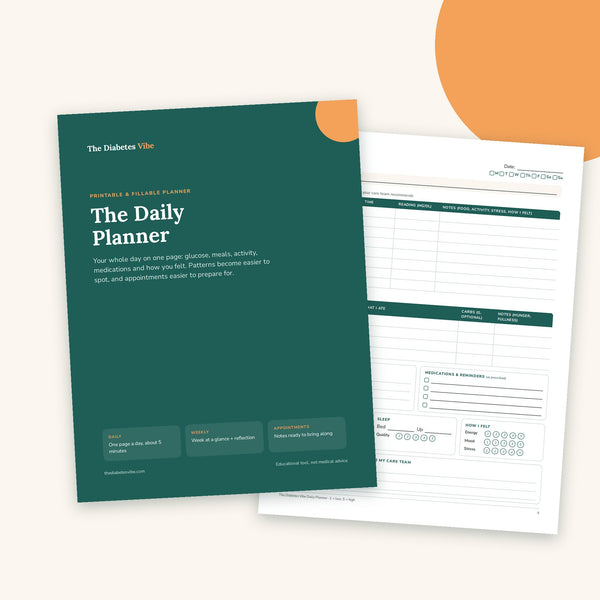 The Diabetes Vibe Daily Planner cover and a daily page