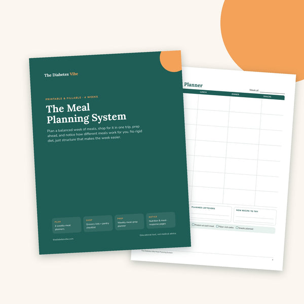The Diabetes Vibe Meal Planning System cover and weekly meal planner