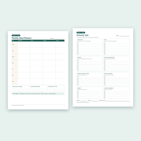 Weekly meal planner and grocery list pages