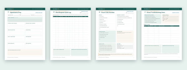 The four bonus PDFs: appointment prep, meal response quick log, travel checklist and sensor troubleshooting notes
