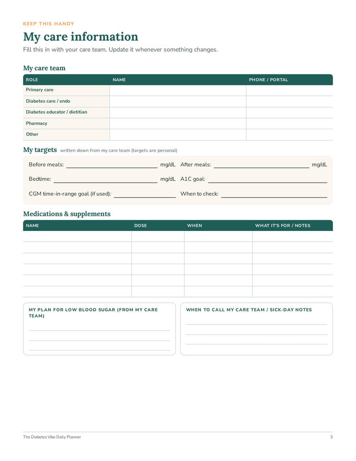My care information: care team, targets from your care team, medications and plans
