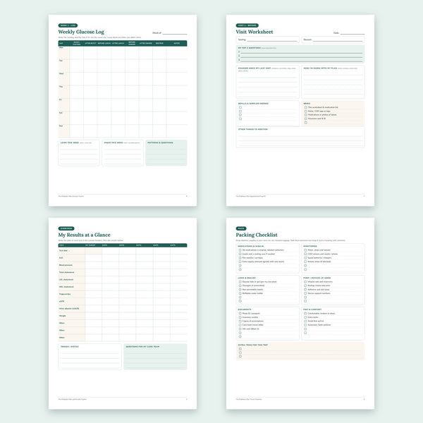 Inside pages: weekly glucose log, visit worksheet, lab results at a glance and travel packing checklist